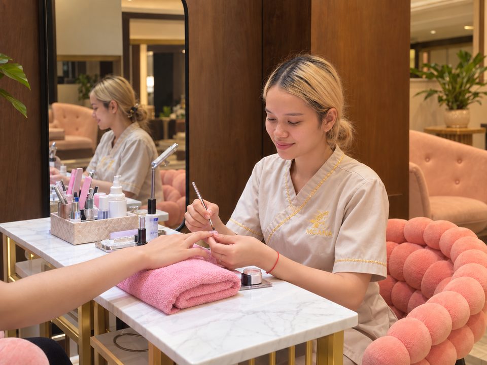 The MOANA nail technician applying a nail extension at her manicure table